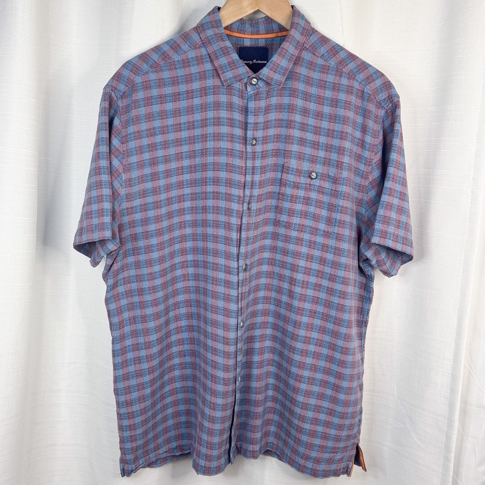 Tommy Bahama Shirt Mens Large 100% Silk Blue Burgundy Plaid Button Up Casual EUC